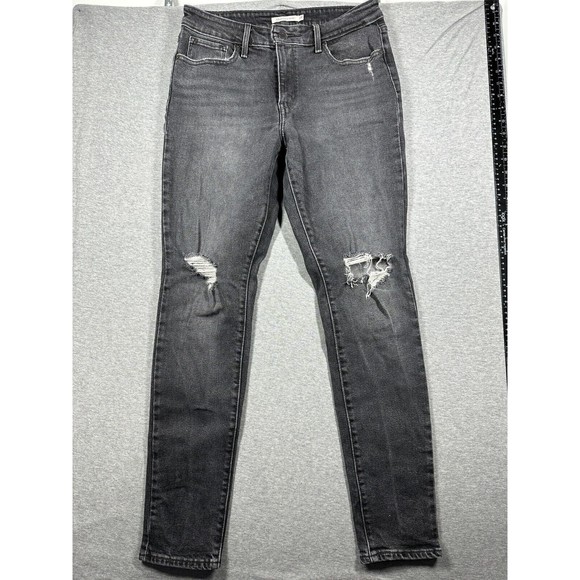 Levis‎ 721 High Rise Skinny Jeans Womens 29x29.5 Black Distressed Zip Fly Button - Picture 1 of 8